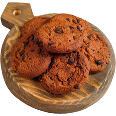 Delicious Chocolate Chip Cookies on a Wooden Board. 