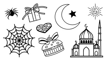 Set of castle elements including towers, gates, fortress walls, drawbridge, flags, windows, doors, arches, battlements, stone bricks, and medieval architecture symbols in vintage vector illustration s