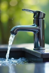 Gleaming chrome faucet, water cascade, soft bokeh , pure, branding
