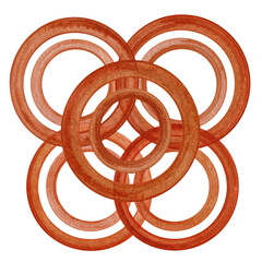 Overlapping circular rings in varying shades of brown create an abstract geometric pattern with a watercolor texture