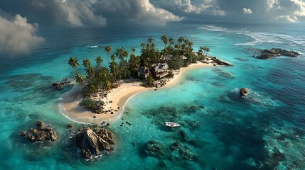 Aerial view of tropical island surrounded by turquoise ocean water with wide open sky space for overlay text, perfect for travel, summer, and nature background concepts