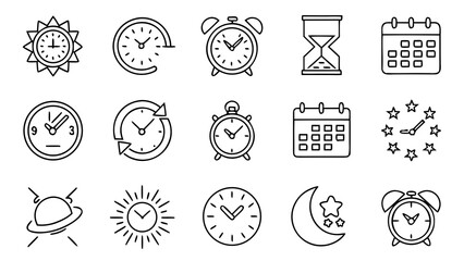 Vector set of different clocks including wall clock, alarm clock, wristwatch, pocket watch, digital clock, stopwatch, timer, hourglass, vintage clock, calendar clock, and modern timepieces in flat sty