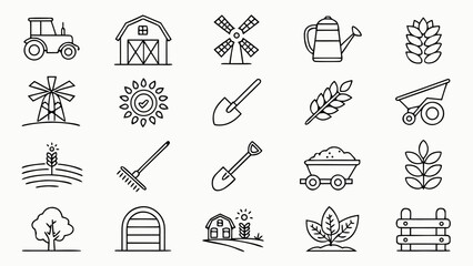 Gardening icons set featuring shovel, rake, watering can, wheelbarrow, plant pot, seeds, gloves, hose, pruning shears, lawn mower, fence, flower, tree, leaf, and garden tools in modern vector style.