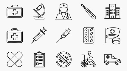 Medical icons set featuring stethoscope, hospital bed, syringe, pill bottle, doctor, nurse, ambulance, DNA, microscope, X-ray, thermometer, first aid kit, and healthcare symbols in vector style.