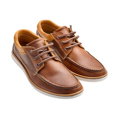Stylish brown leather boat shoes with white laces and stitching for men isolated on transparent background