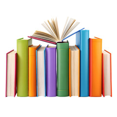 A collection of colorful hardcover books standing upright with one book open above them, showcasing its pages fanned out