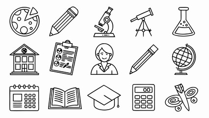 Education icons set featuring book, graduation cap, diploma, school, teacher, student, pencil, pen, ruler, backpack, globe, microscope, calculator, blackboard, and academic learning symbols in vector 