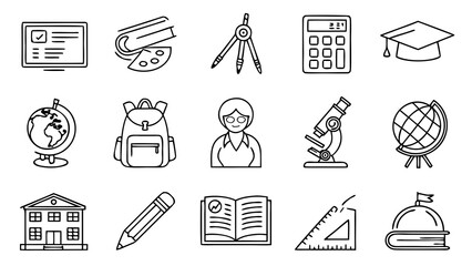 Education icons set featuring book, graduation cap, diploma, school, teacher, student, pencil, pen, ruler, backpack, globe, microscope, calculator, blackboard, and academic learning symbols in vector 