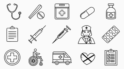 Medical icons set featuring stethoscope, hospital bed, syringe, pill bottle, doctor, nurse, ambulance, DNA, microscope, X-ray, thermometer, first aid kit, and healthcare symbols in vector style.