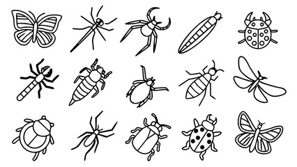 Collection of insects vector illustration set featuring butterfly, bee, dragonfly, beetle, mosquito, ant, grasshopper, ladybug, fly, wasp, moth, and other bug species isolated on white background.