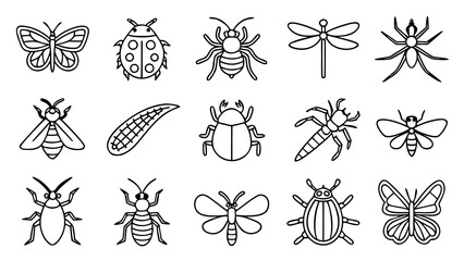 Collection of insects vector illustration set featuring butterfly, bee, dragonfly, beetle, mosquito, ant, grasshopper, ladybug, fly, wasp, moth, and other bug species isolated on white background.