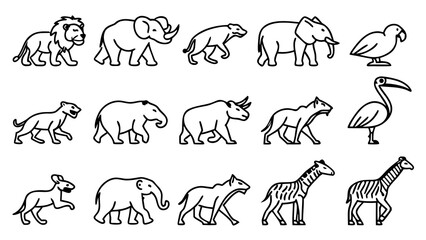 Set of Animal Vector Icons – Collection of 24 unique animal silhouettes and line art illustrations, featuring wildlife, pets, sea creatures, and birds in minimal and editable modern design.