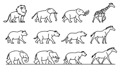 Set of Animal Vector Icons – Collection of 24 unique animal silhouettes and line art illustrations, featuring wildlife, pets, sea creatures, and birds in minimal and editable modern design.