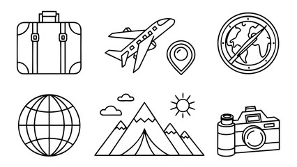 Travel icon set featuring airplane, suitcase, passport, map, globe, camera, hotel, beach umbrella, train, ship, bus, mountain, tent, compass, and vacation symbols in modern vector illustration style.