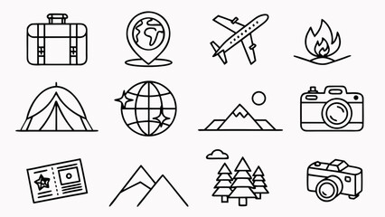 Travel icon set featuring airplane, suitcase, passport, map, globe, camera, hotel, beach umbrella, train, ship, bus, mountain, tent, compass, and vacation symbols in modern vector illustration style.