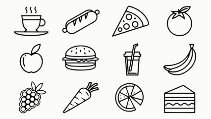 Food and drink icons set featuring fork, spoon, knife, burger, pizza, coffee, tea, soda, wine, beer, ice cream, fruits, vegetables, fast food, desserts, and beverages in modern vector style.