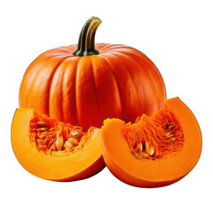 Pumpkin whole and sliced, isolated on white and transparent background