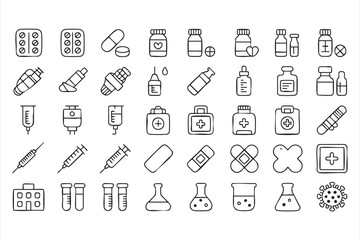 Healthcare and medicine icons, featuring pills, syringes, and lab bottles for pharmaceutical designs