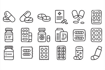 Set of healthcare icons featuring prescription bottles, pills, and capsules for medical branding