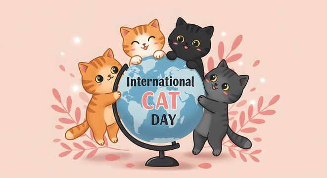 Cute Cartoon Cats Celebrating International Cat Day Around Globe