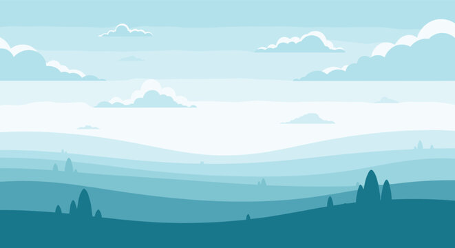 Serene blue landscape with rolling hills and fluffy clouds, peaceful natural backdrop