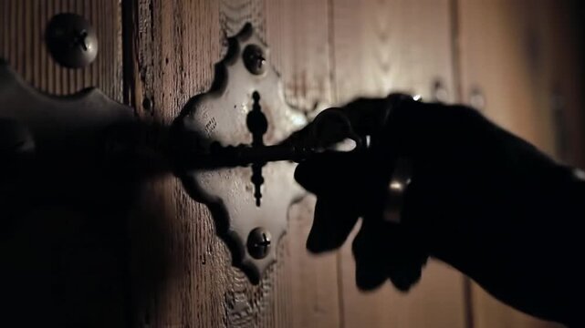 Mysterious Unlocking: Hand Inserts Key into Antique Door Lock in Shadowy Setting