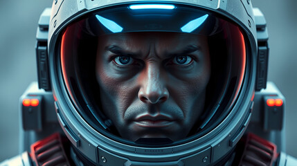 A futuristic astronaut portrait featuring a space explorer with intense expression, glowing helmet, perfect for sci-fi wallpaper or concept scenes.