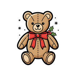 Fototapeta premium Cute cartoon teddy bear with red bow and holly decoration isolated on transparent background