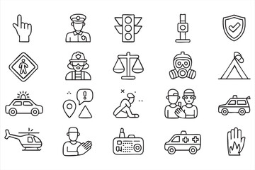 Naklejka premium Emergency, rescue, and safety icons including police, fire, ambulance, and protection symbols