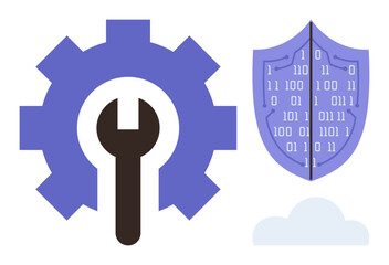 Gear with wrench and cyber shield with binary code, suggesting technical maintenance, protection, innovation, and cybersecurity. Ideal for technology, IT, development, support software data simple