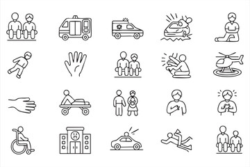 First aid and medical rescue icons for emergency healthcare, ambulance, and medical services