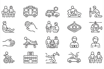 Healthcare emergency response icons including ambulance, CPR, rescue, and treatment symbols