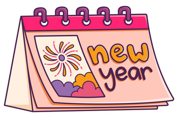 Modern flat pastel calendar icon with New Year headline, designed in trendy pink, purple, yellow tone