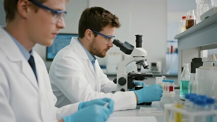 Scientists working in a laboratory with microscopes and test tubes