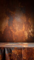 Naklejka premium A rustic wooden table adorned with a vibrant orange and rich brown patterned cloth, creating a warm and inviting atmosphere for dining or gatherings.
