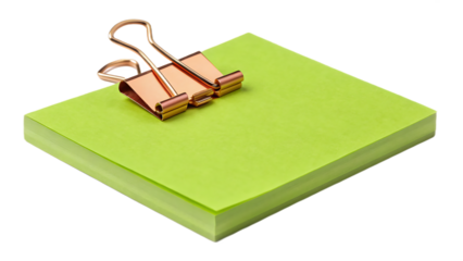 A stack of green sticky notes held together by a metallic clip creates a vibrant and organized workspace essential, isolated on transparent background