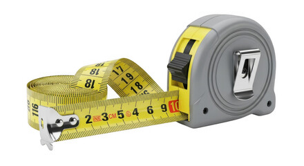 A yellow measuring tape coiled and extended showcasing its numbers and markings for precise measurement tasks and construction projects