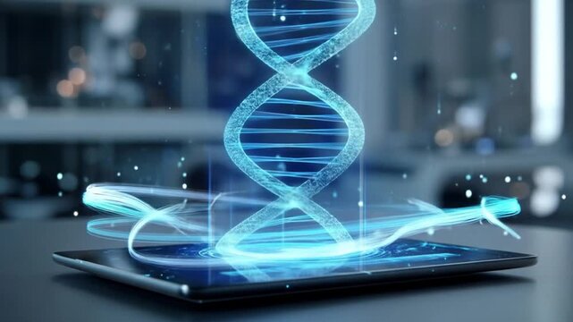 A futuristic holographic DNA strand rotates above a sleek tablet in a high-tech laboratory, showcasing advanced scientific research and innovation in genetics - Powered by Adobe