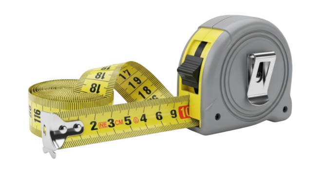 A yellow measuring tape coiled and extended showcasing its numbers and markings for precise measurement tasks and construction projects