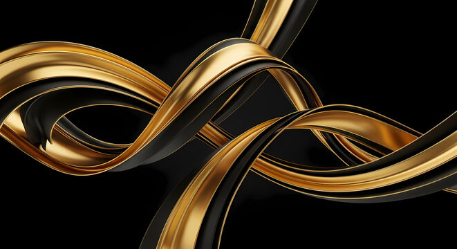 Fototapeta Abstract 3D rendering of luxurious flowing ribbon shapes in gold and black. Elegant minimalist design for premium background, cover, poster, or branding