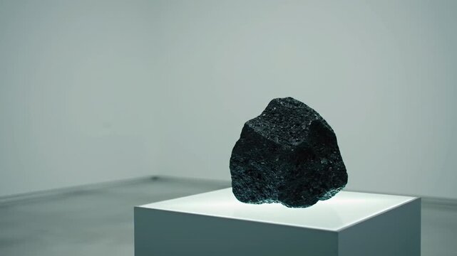 Conceptual art video featuring a black rock displayed on a pedestal in a gallery