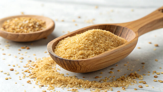 A wooden spoon filled with brown sugar crystals creates a rustic and natural scene, highlighting the texture and sweetness of this essential cooking ingredient