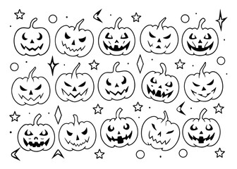Fototapeta premium Spooky halloween pumpkin collection featuring jack o lantern designs in black yellow cyan and magenta for seasonal celebrations