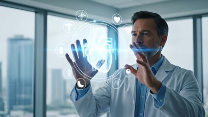 Futuristic Medical Technology Innovation - Male Doctor Interacting with Digital Heart Data Visualization in Modern Clinical Setting for Healthcare Advancement and Medical Research - Powered by Adobe