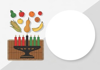 Kwanzaa Kinara and Food. Traditional kinara with candles and harvest fruits for Kwanzaa holiday celebration. flat lay design.
