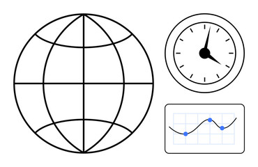 Globe emphasizes worldwide connectivity, clock symbolizes time management, graph showcases data trends. Ideal for networking, analytics, organization, business, environment, education technology