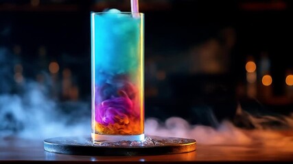 A vibrant cocktail with swirling colors of blue, green, and purple, served in a tall glass with a straw, surrounded by a misty atmosphere and soft glowing lights in the background