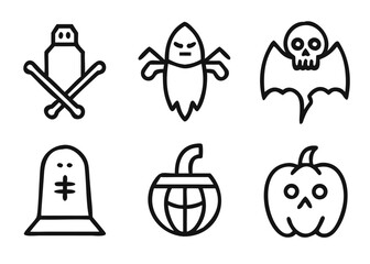 A spooky collection of adjustable line weight halloween themed graphics featuring classic autumnal icons and symbols for festive celebrations