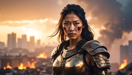 Obraz premium A determined woman clad in shining armor stands confidently on the rooftop of her charming house, gazing into the distance with a fierce expression.