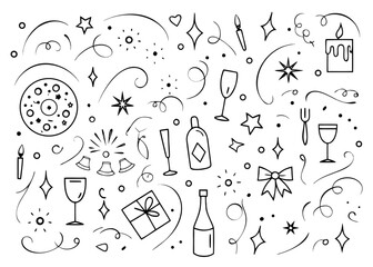 Charming hand drawn chalk style whimsical new year celebration graphic elements collection featuring festive typography and decorative accents